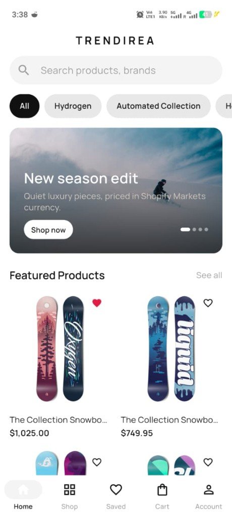 Trendirea home screen with featured snowboards and collections